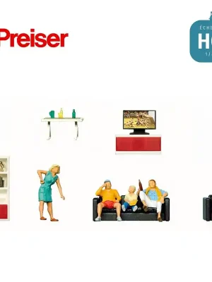 Famille devant la télévision et mobilier HO Preiser 10649 | Zeitlich begrenzt