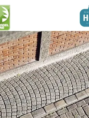 Kit de trottoirs en pavés pose en éventail avec bordures en pierre (4 bandes + 8 angles) HO Model Scene 48930 | Letzte Stücke