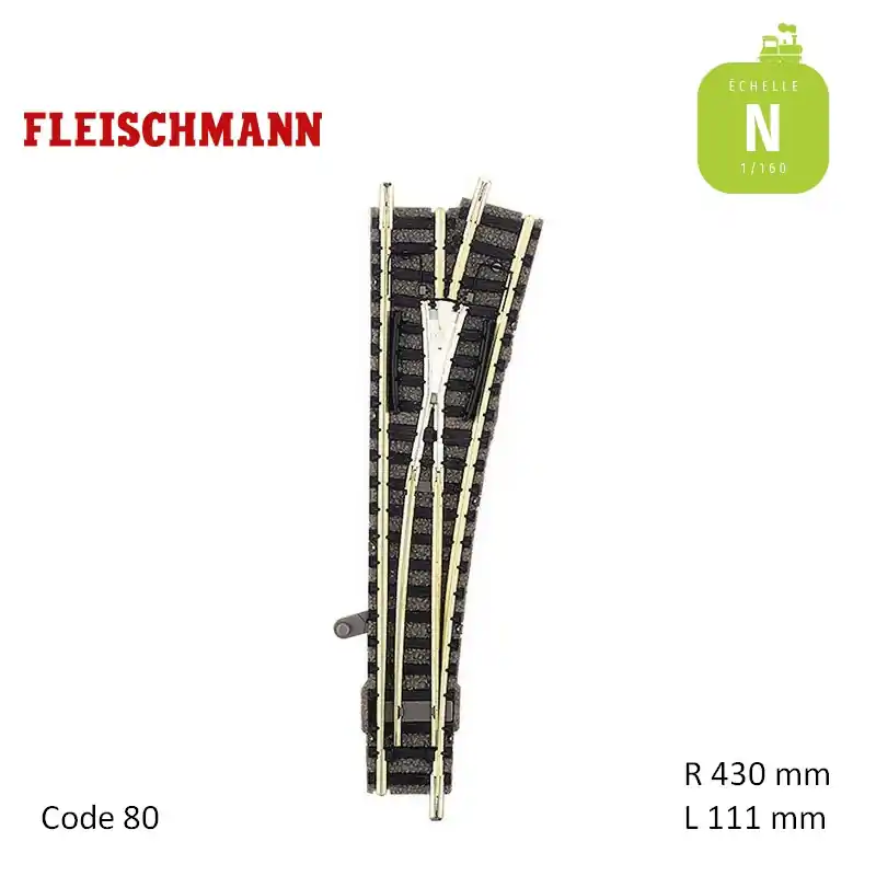 Aiguillage à droite ballasté manuel pointe conductrice N-Track R430mm L111mm 15° Code 80 N Fleischmann 9179 - Topseller