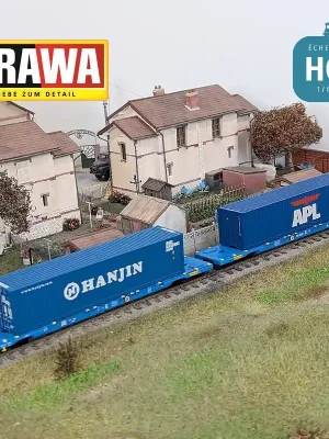 Nur wenige verfügbar - Wagon porte-conteneurs Sffggmrrss36 "APL / HANJIN" AAE Ep VI HO Brawa 48110