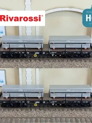 Premium-Qualität - Coffret de 2 wagons plats type Rmms avec chargement de blocs d‘aluminium noire DB Ep IV HO Rivarossi HR6701