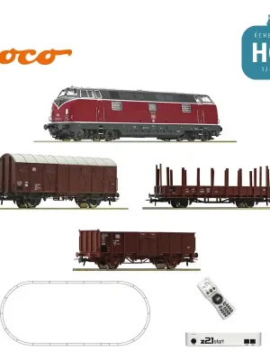 Coffret de départ Digital Z21 Locomotive diesel 221 avec train de fret DB Ep IV HO ROCO 5110008 | Brandneu
