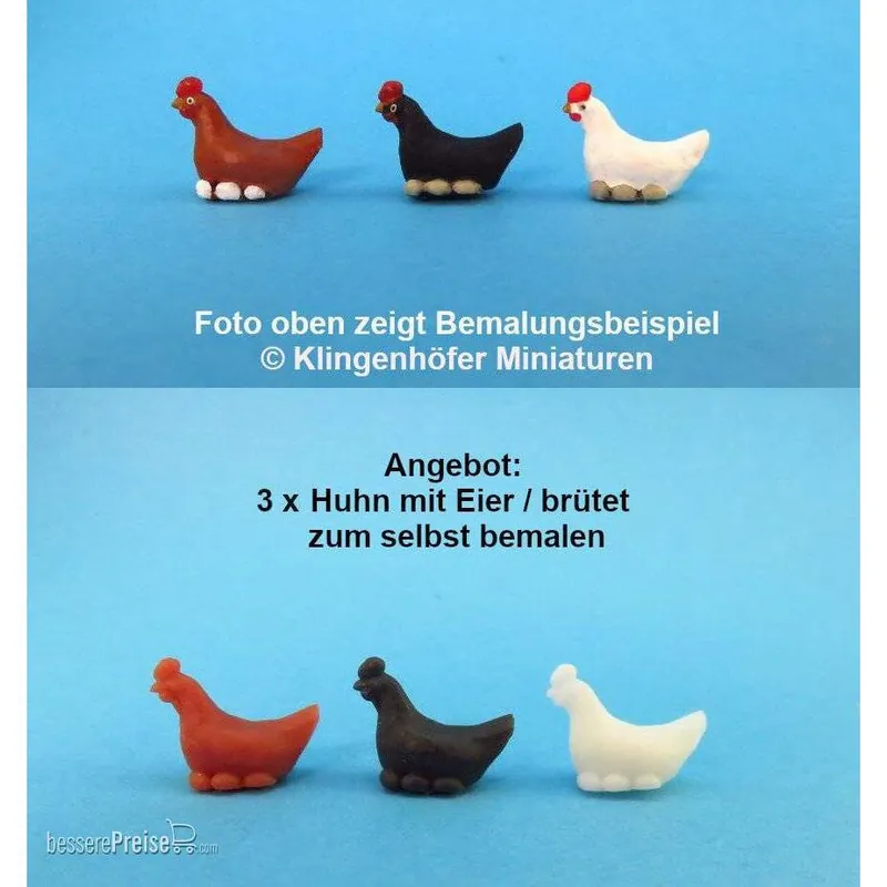 Klingenhöfer Miniaturen 0-TH03-4 - 3 x Huhn mit Eier / brütet einfarbig (1 45) - Bewährte Qualität